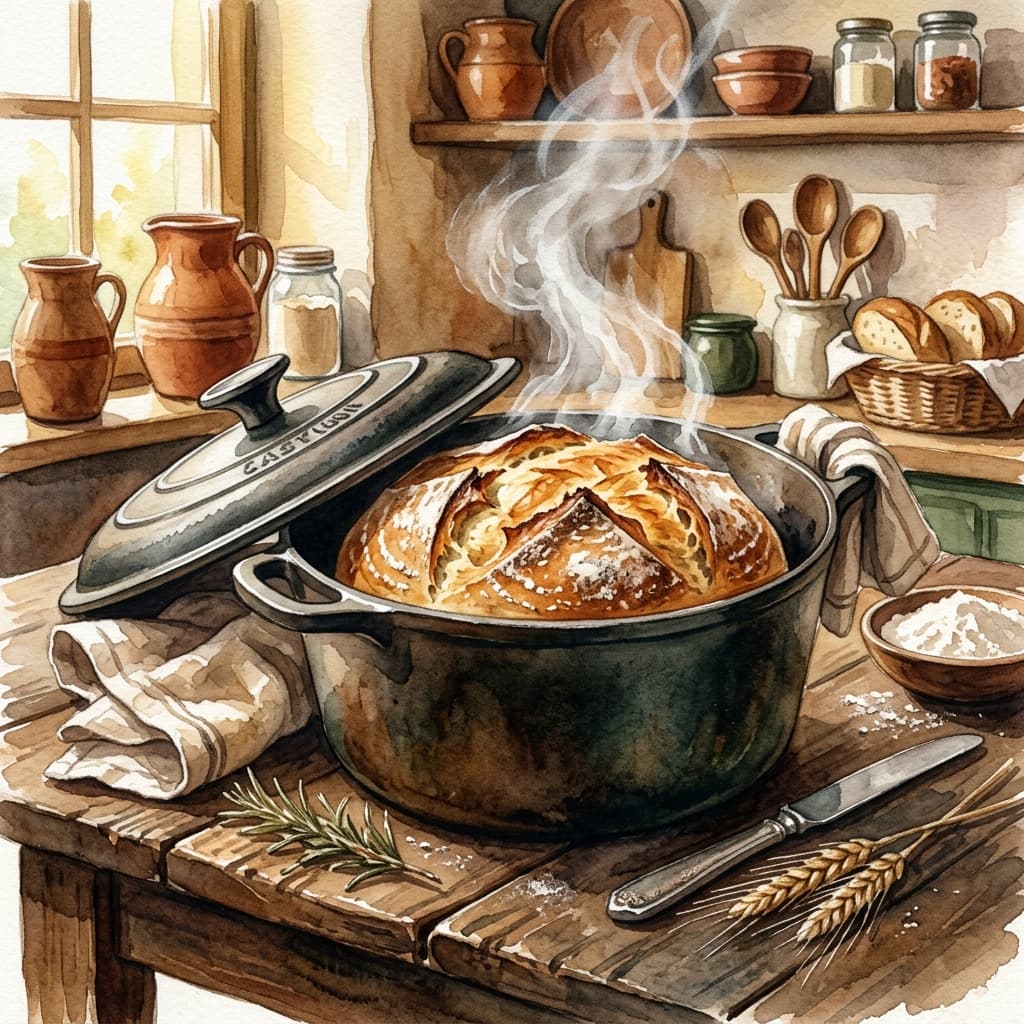 Watercolor illustration of bread baking in a Dutch oven