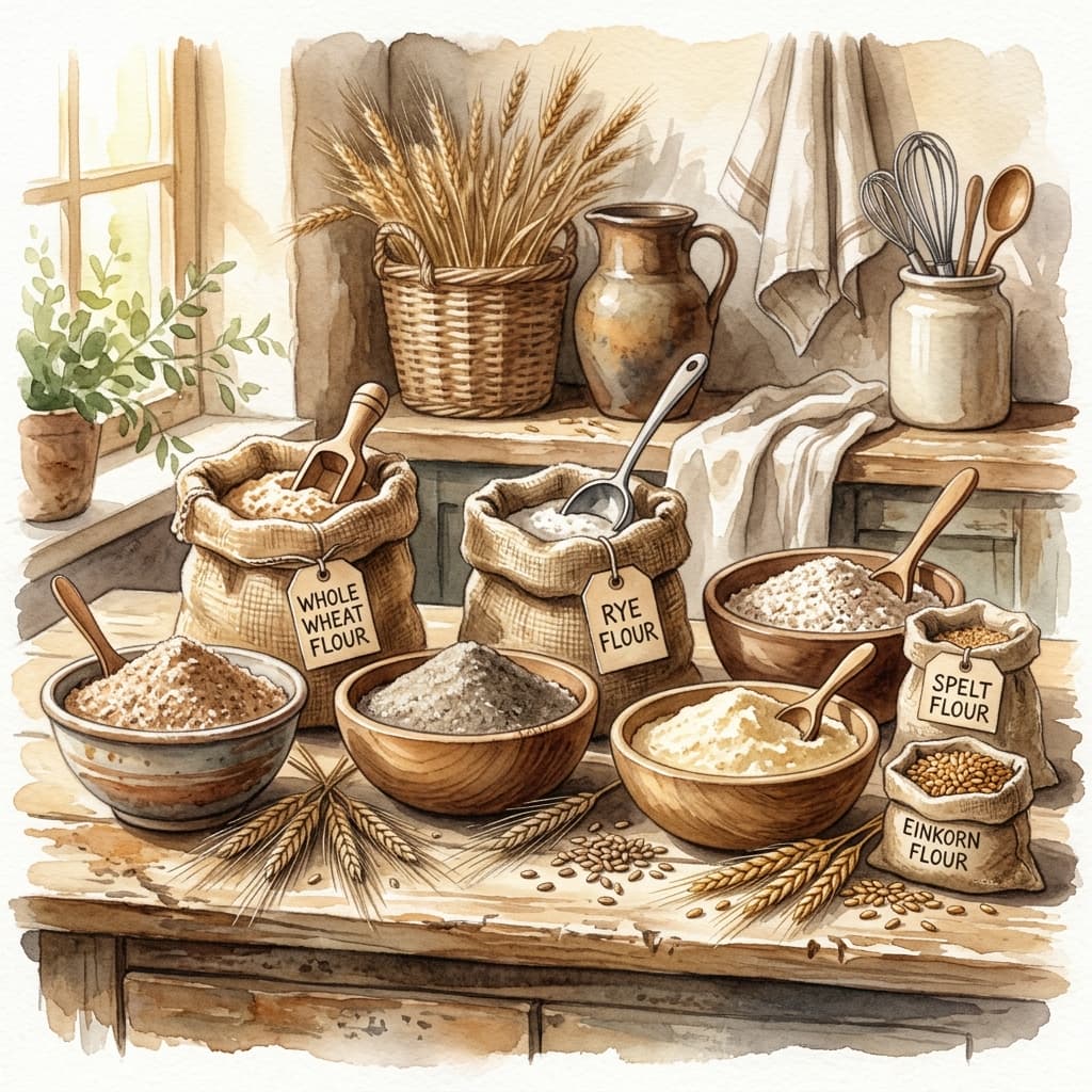 Watercolor illustration of various flour types in rustic bowls
