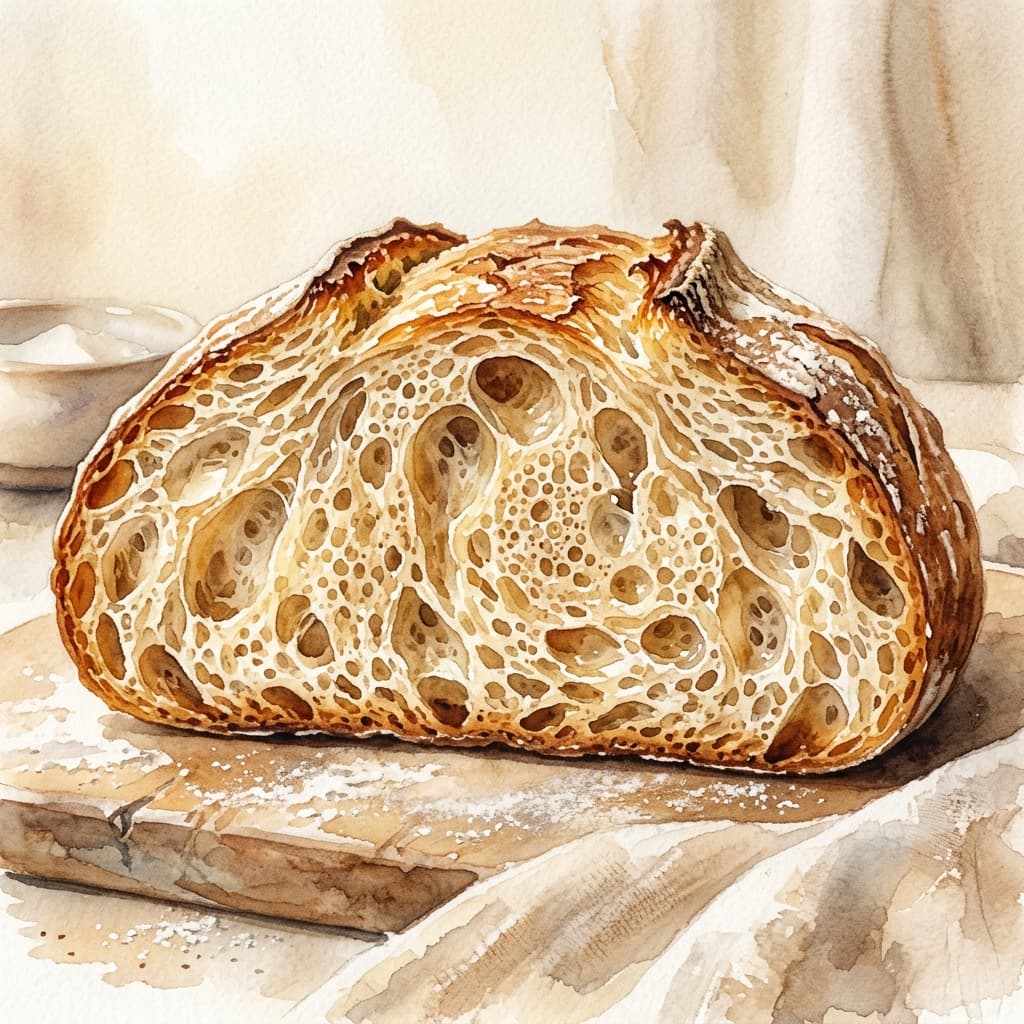 Watercolor illustration of sourdough bread cross-section showing fermentation bubbles