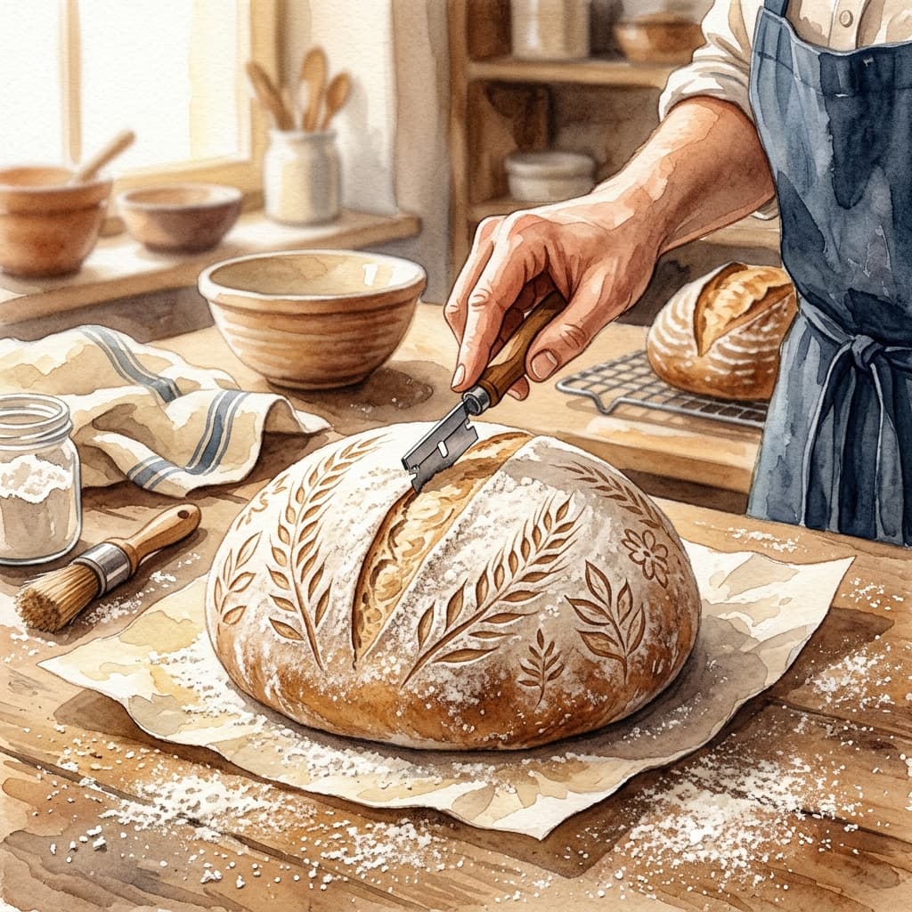 Watercolor illustration of scoring sourdough bread with a lame