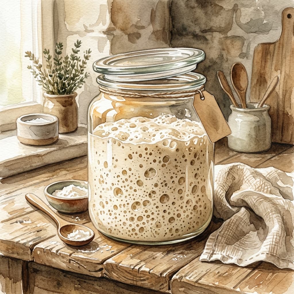 Watercolor illustration of a bubbly sourdough starter in a glass jar