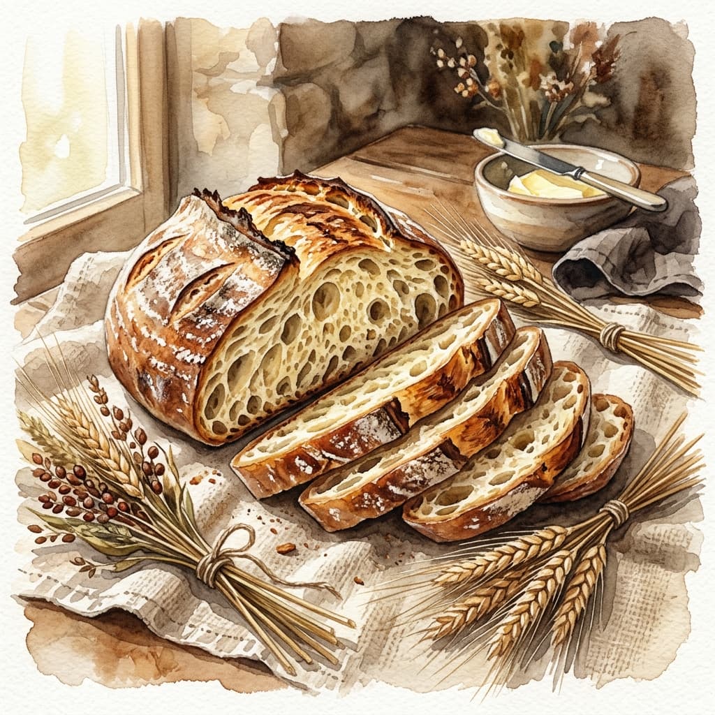 Watercolor illustration of sliced artisan sourdough bread showing open crumb